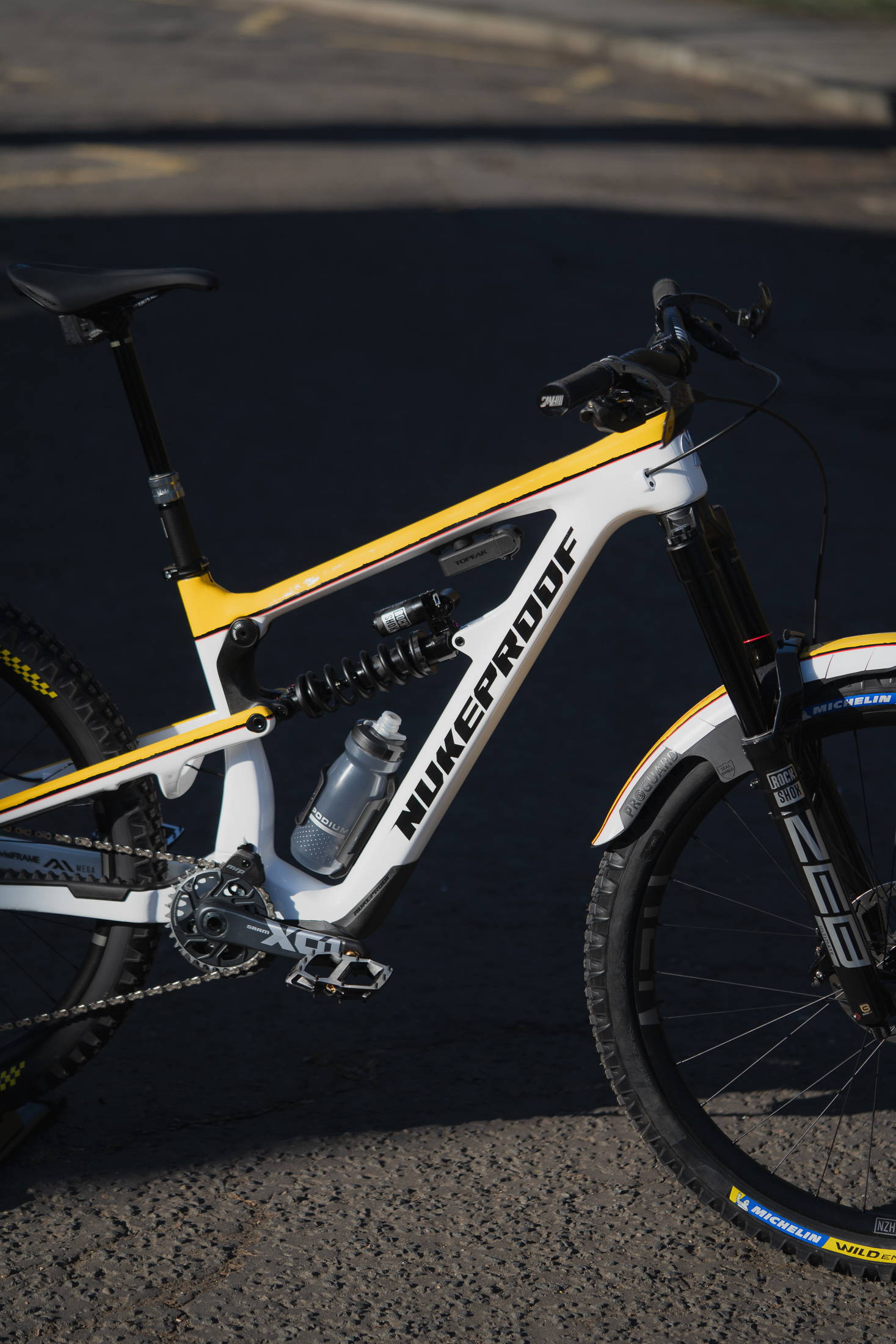 A closer look at the custom paint on the Nukeproof-SRAM team bikes