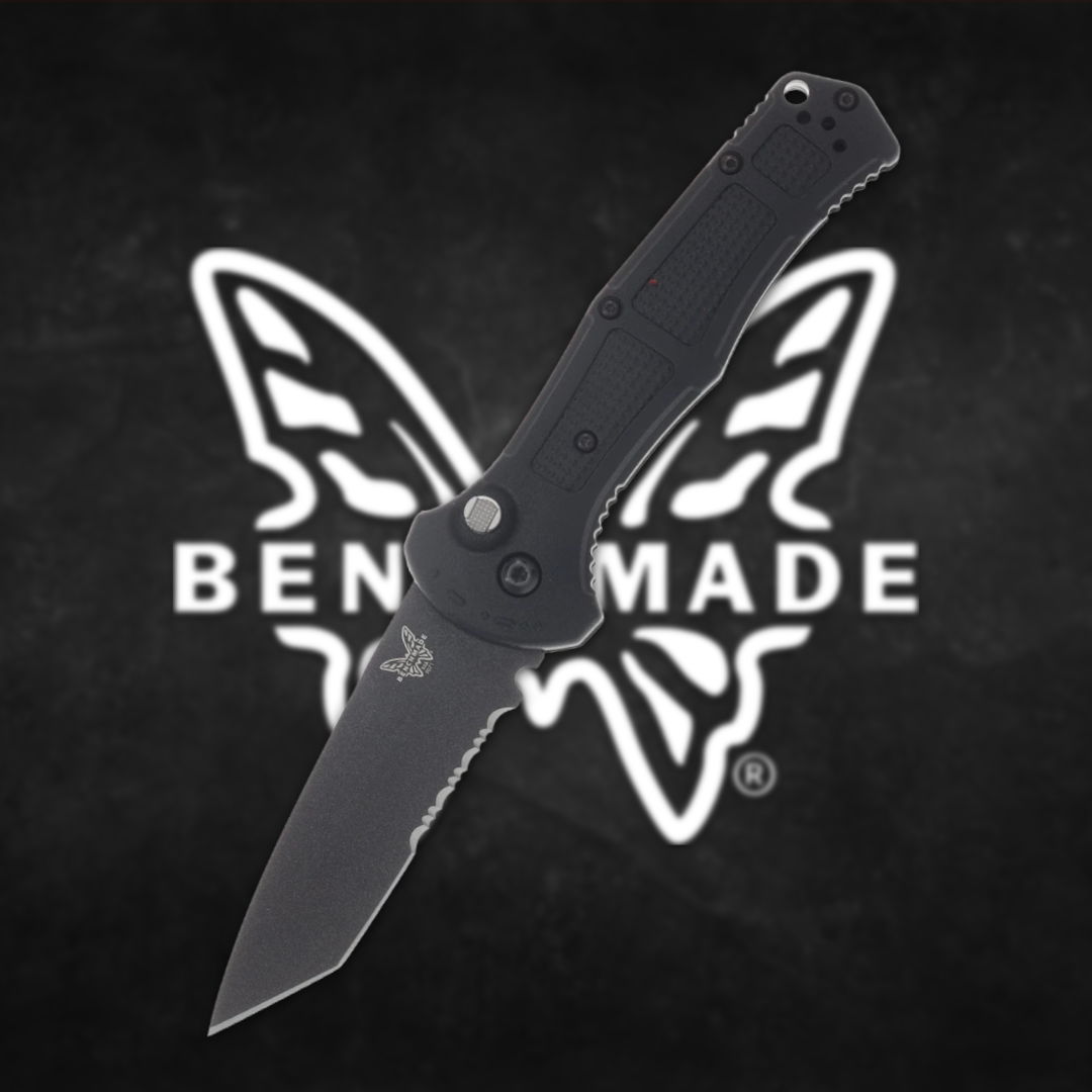 Black folding knife in front of Benchmade logo.