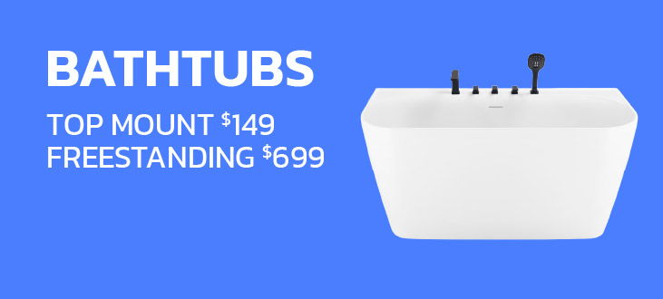 Bathtubs with prices for top mount and freestanding options.