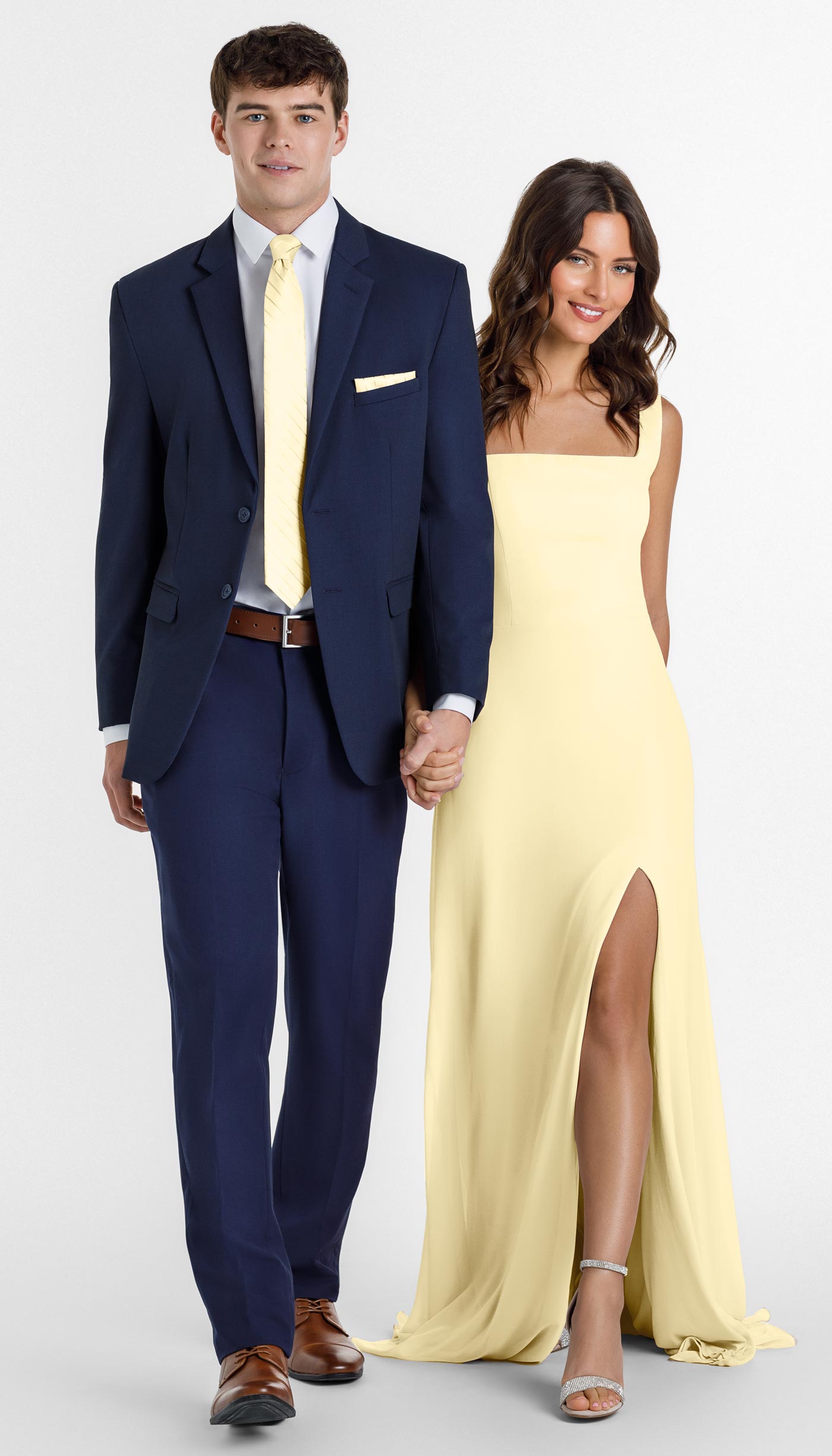 Navy Suit with Buttercup Bridesmaid Dress