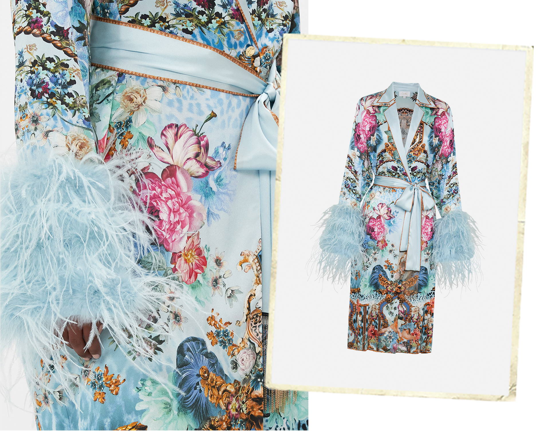 CAMILLA Light Blue Floral Feather Cuff Coat With Tie