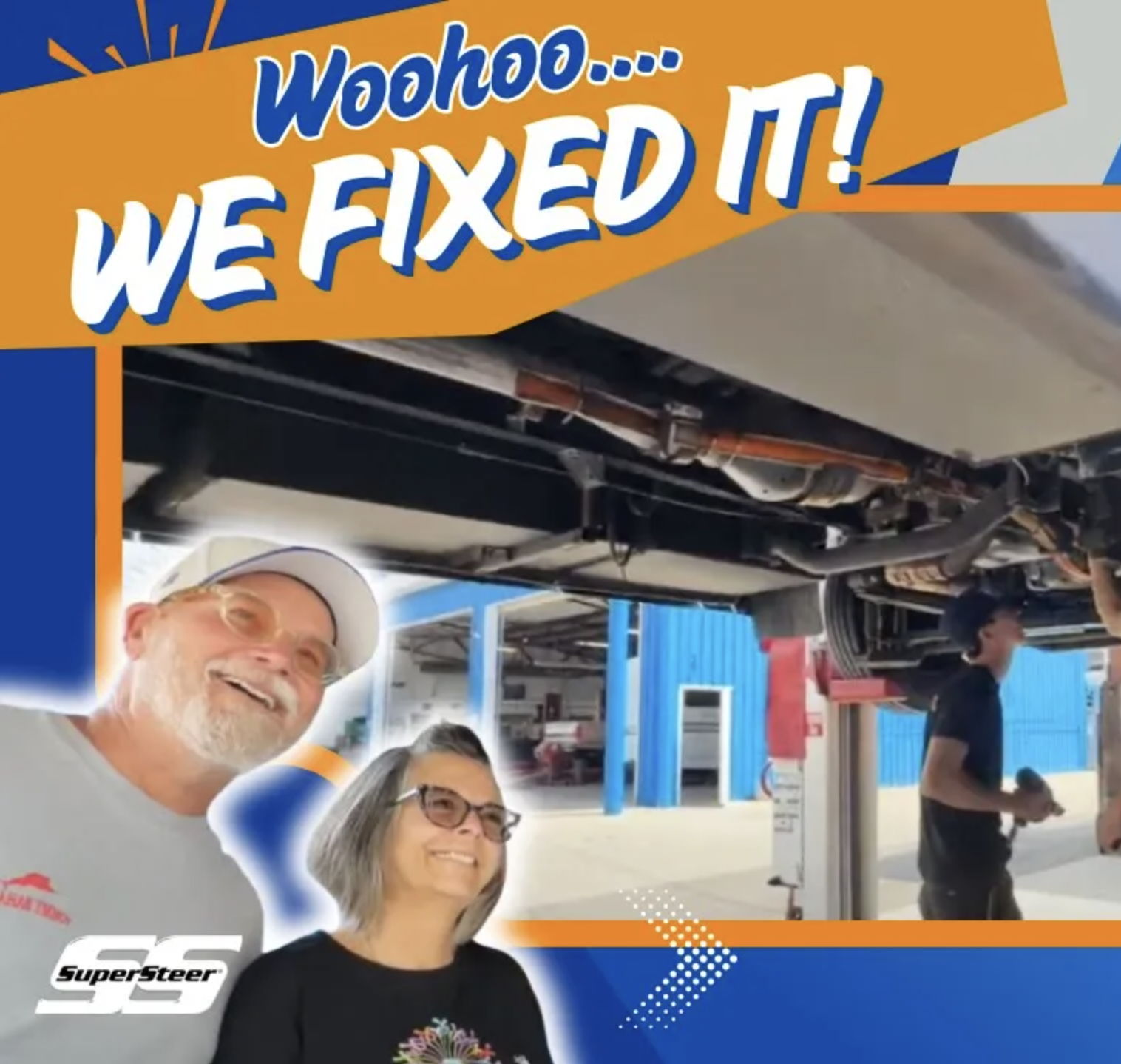 Two people celebrating a repair with tools in a workshop background.