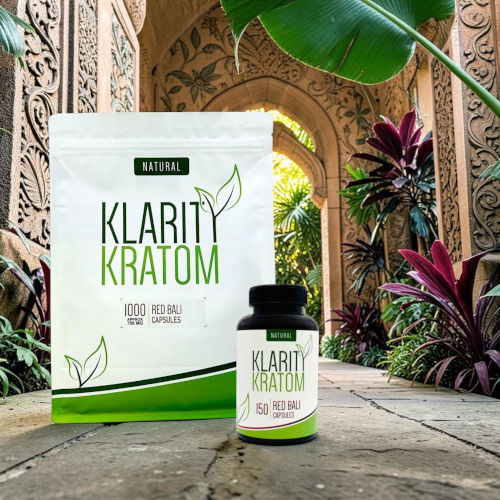Klarity Kratom package and bottle in a tropical setting.
