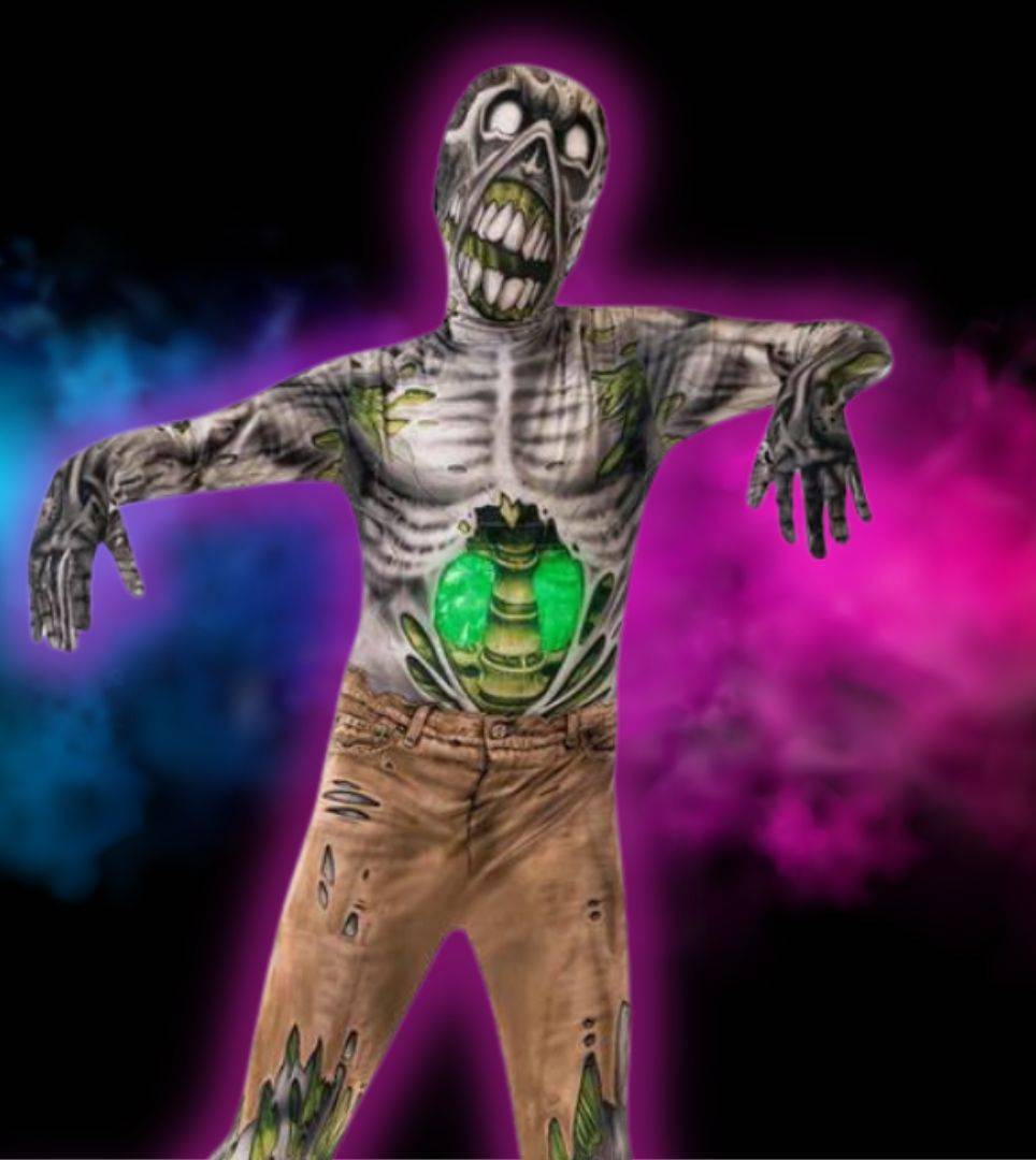 Person in rotting zombie jumpsuit costume in front of purple and pink background. Shop all zombie apocolypse costumes.