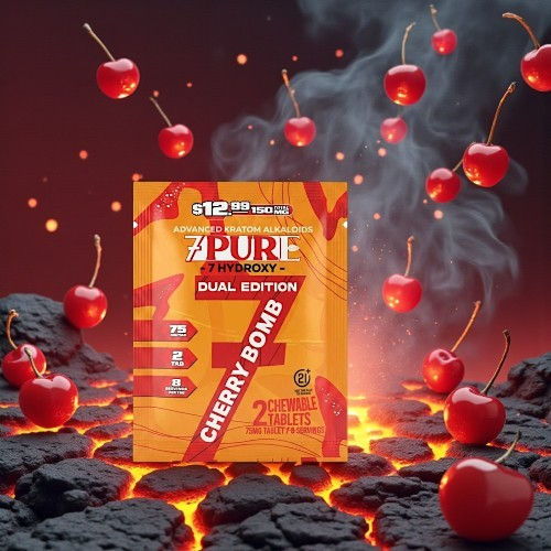 Cherry Bomb flavored energy supplement package with cherries and smoke background.