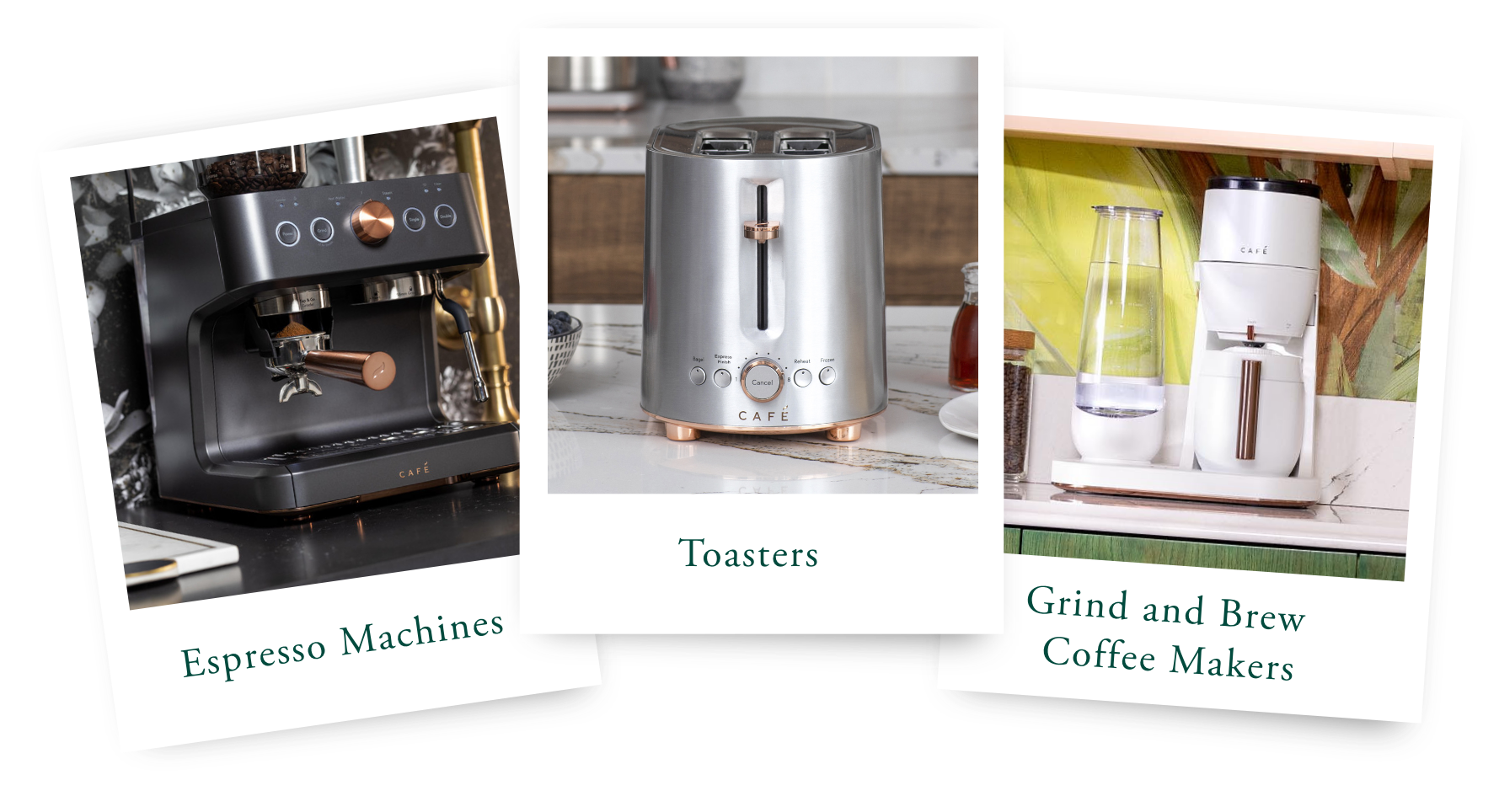 Three kitchen appliances: espresso machine, toaster, and grind-and-brew coffee maker.