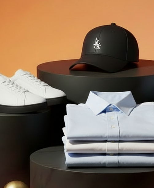 A black cap, white shoes, and folded shirts on display.