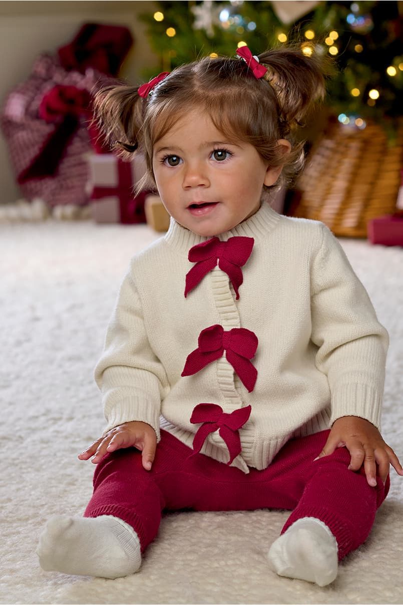 Toddler in festive outfit sitting on the floor, with Christmas decorations in background.