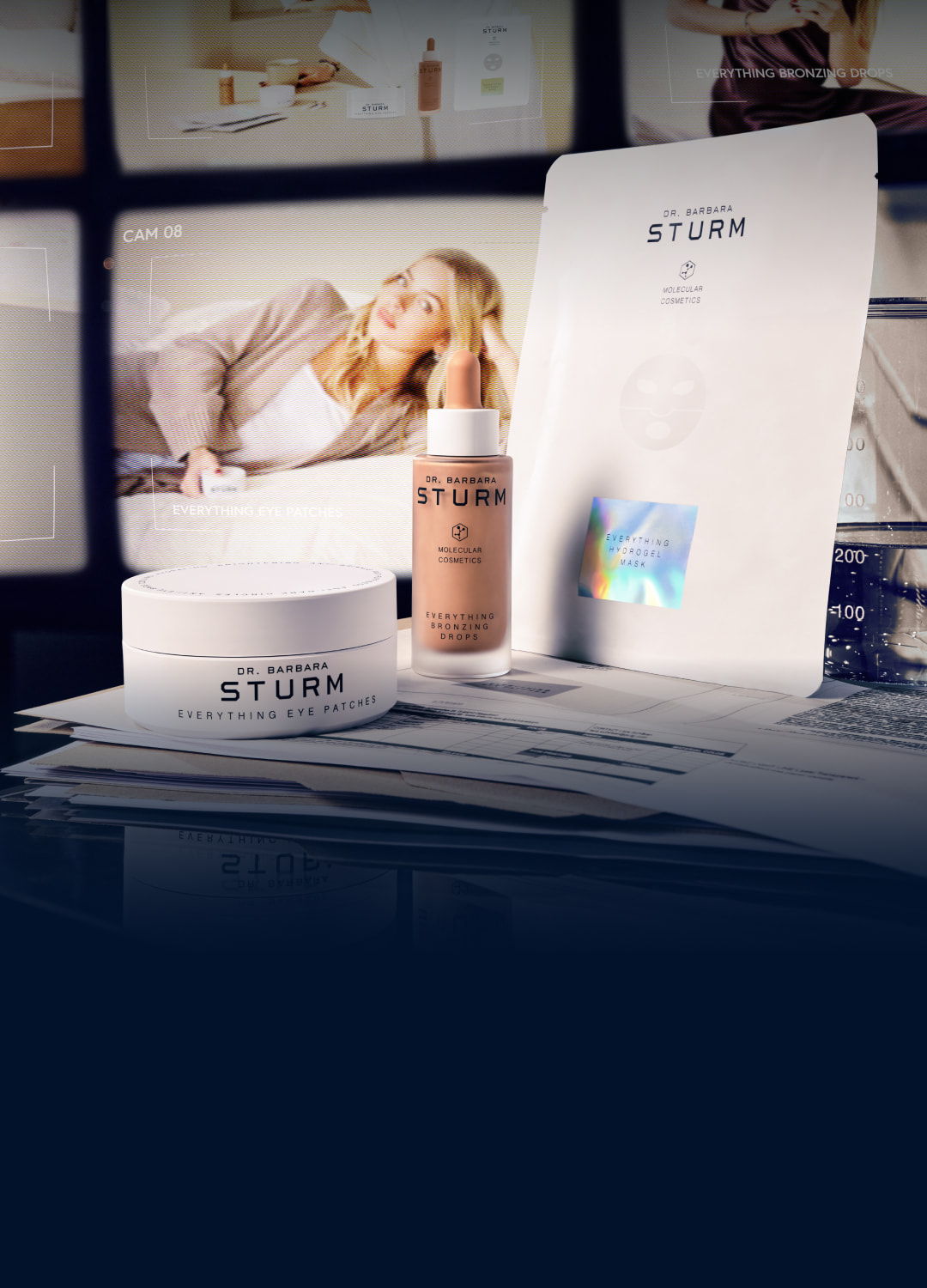 Products from STURM displayed with promotional images in the background.