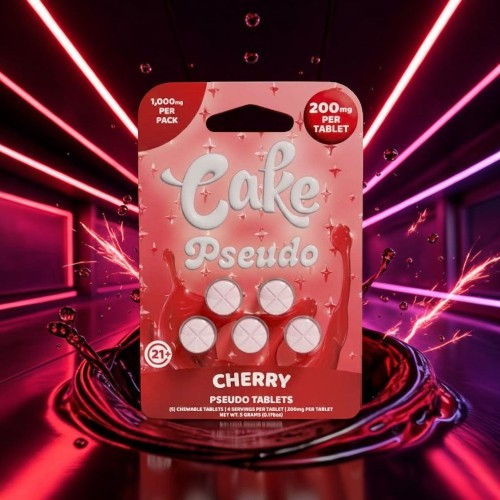 Cherry-flavored Cake Pseudo tablets in a vibrant, colorful background.