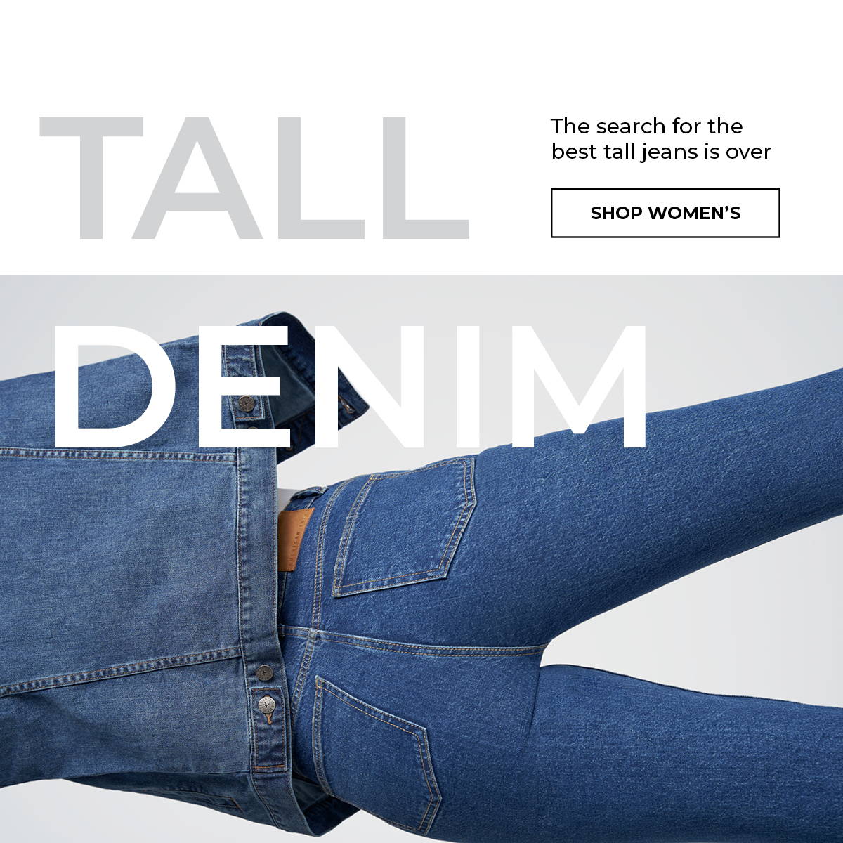 A tall woman wearing a denim jacket and jeans stretching, Shop Tall Denim for Women from American Tall.