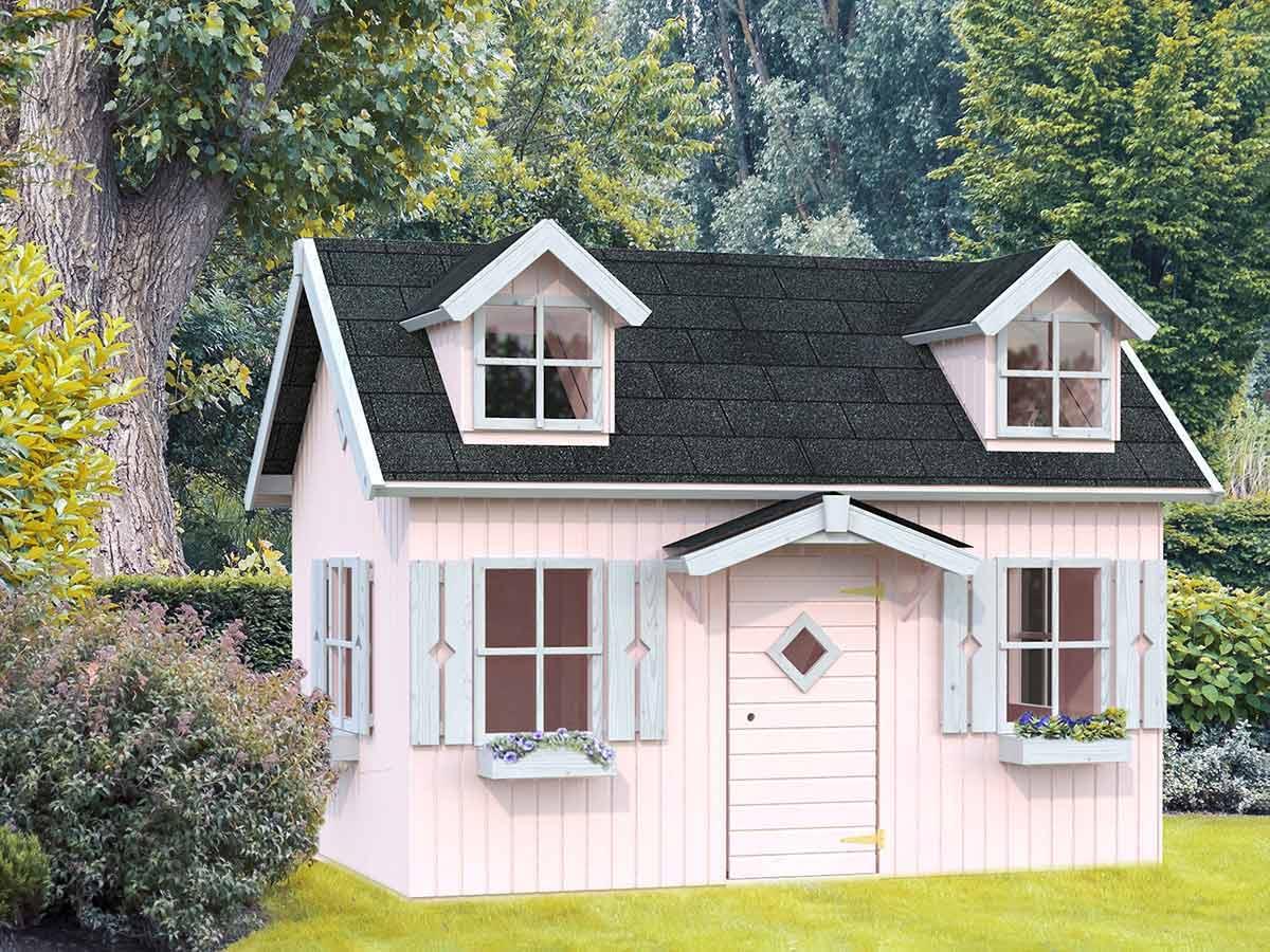 Light pink DIY playhouse with four windows and black roof in nature by WholeWoodPlayhouses