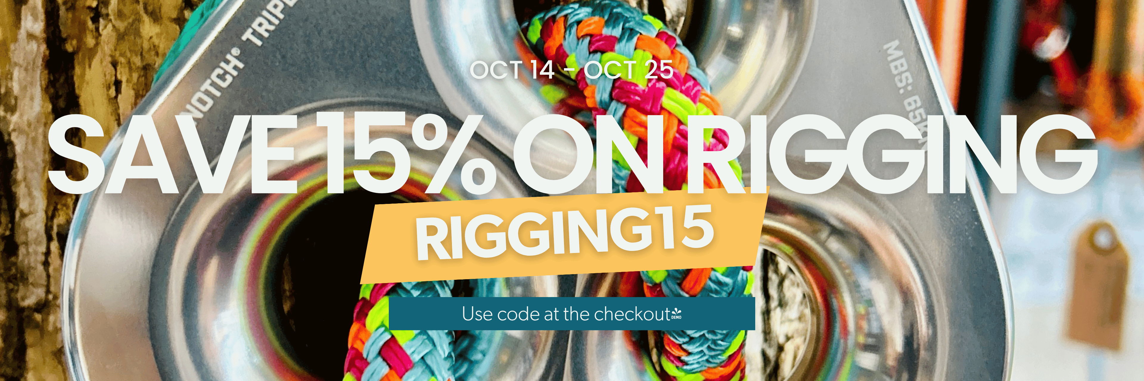 Text promoting a 15% discount on rigging, code: RIGGING15.