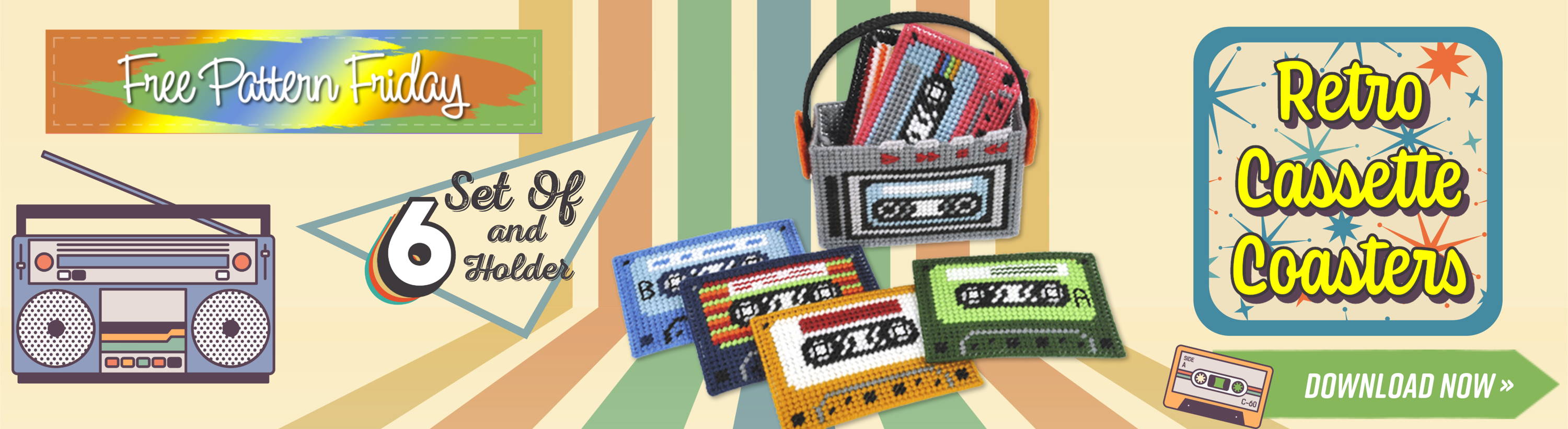 Free Pattern Friday! Retro Cassette Coasters. Download Now.