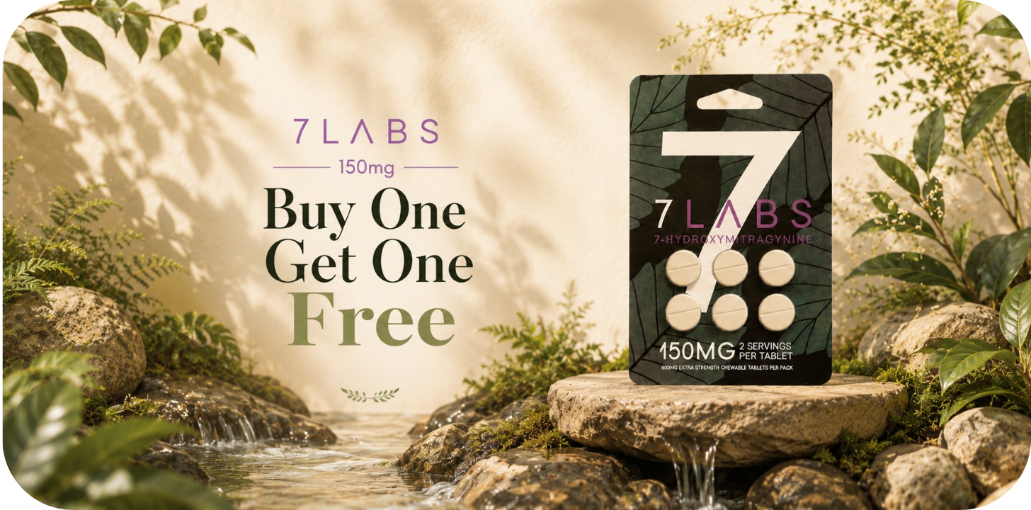 7 LABS promotion: Buy One Get One Free, featuring product packaging and natural background.