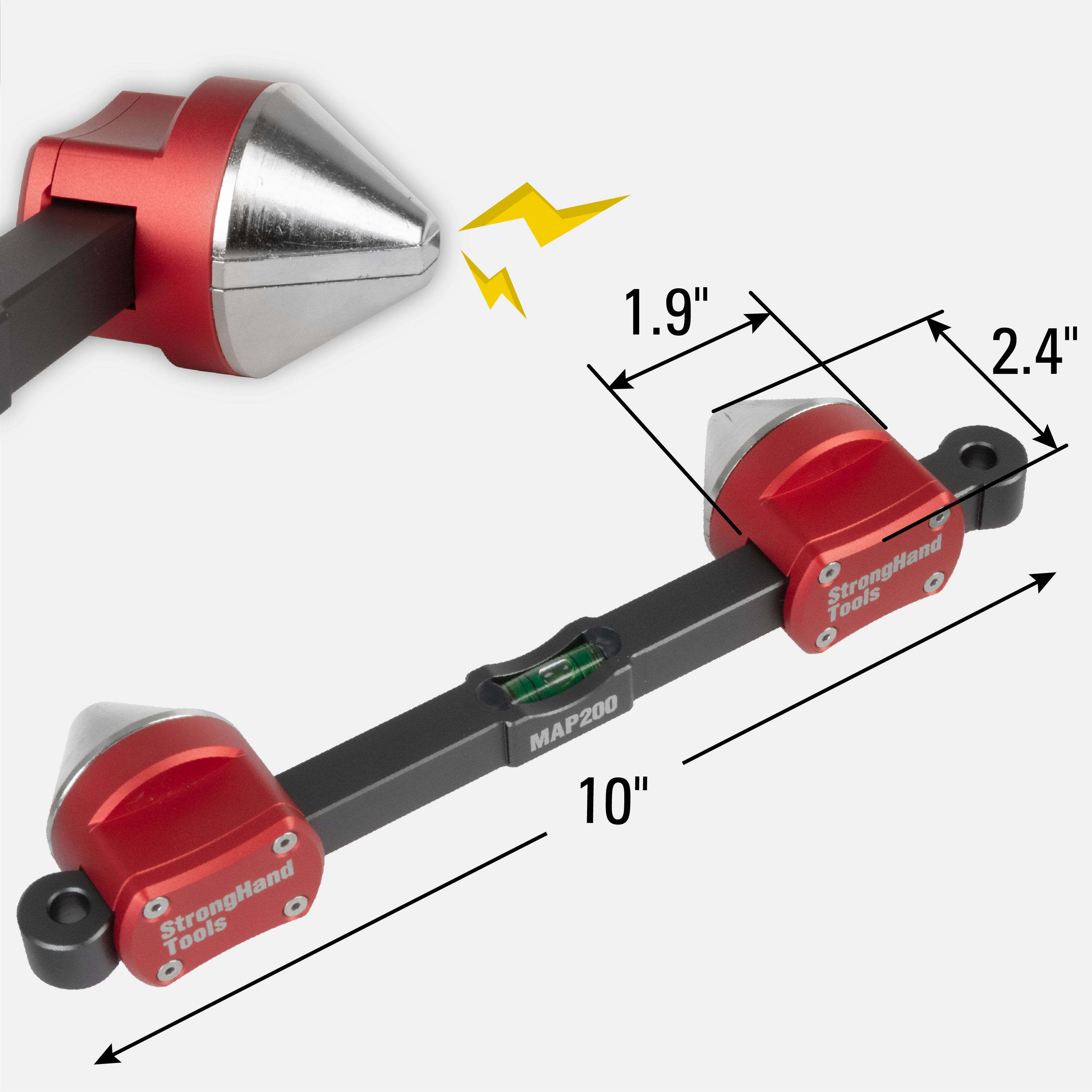 Measuring tool with red ends and dimensions displayed.