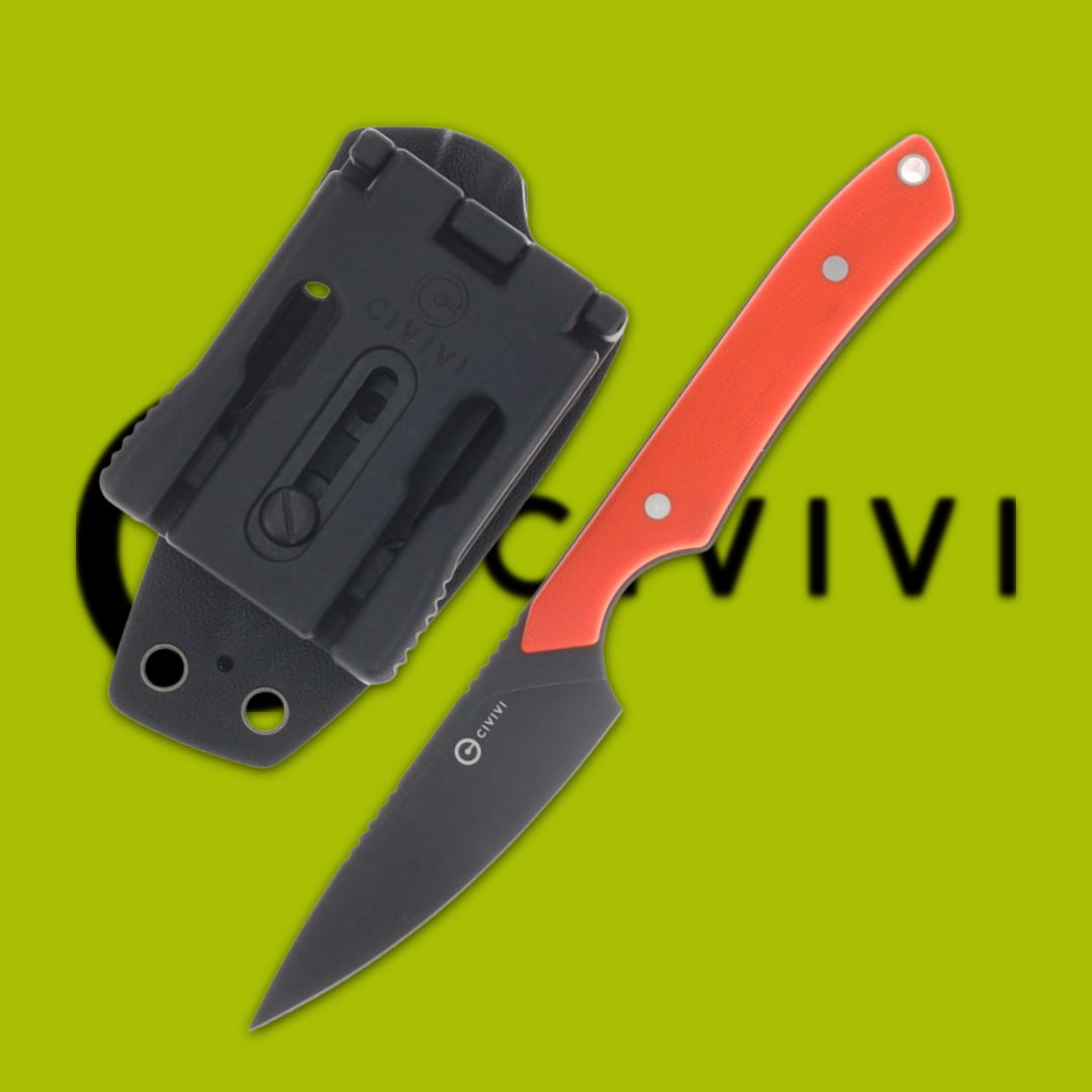 Red-handled knife with a black sheath on a green background.