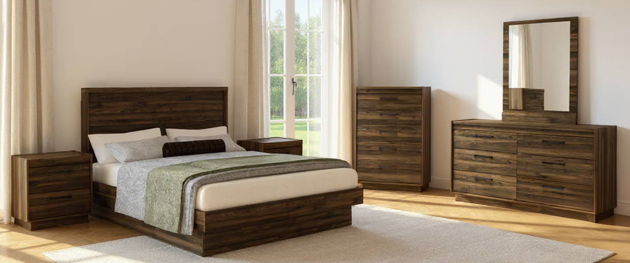 Modern bedroom with a bed, dresser, nightstands, and large windows.