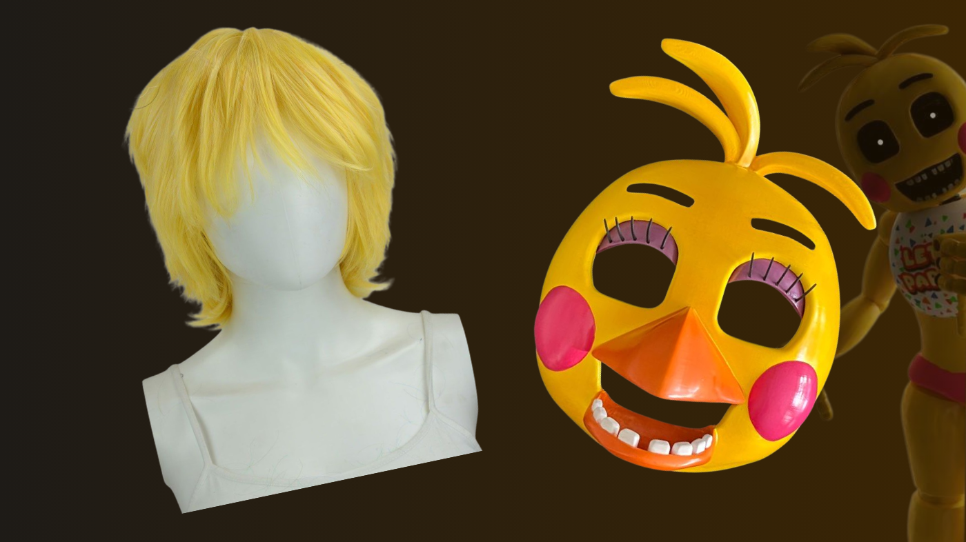 Toy Chica Five Nights at Freddy’s cosplay wig styled with yellow feathers and optional animatronic mask, featuring bright, playful yet eerie character design for horror game costume