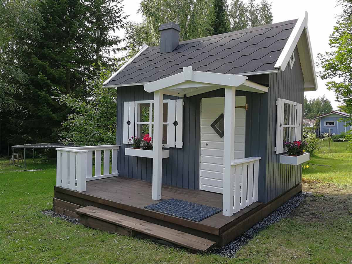 Kids Outdoor Playhouse DIY Kit Little Cottage with Gray walls , White Window Trims, Wooden Terrace With White Railings by WholeWoodPlayhouses