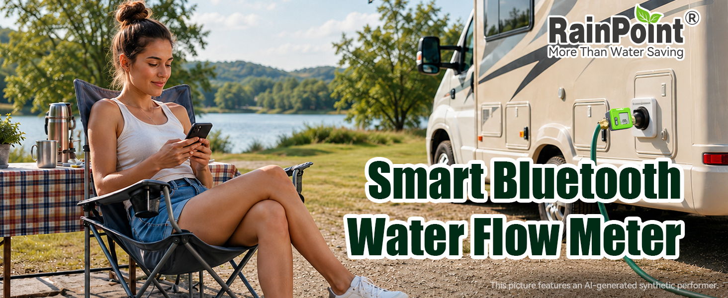Woman sitting outside using a phone, with a water flow meter nearby.