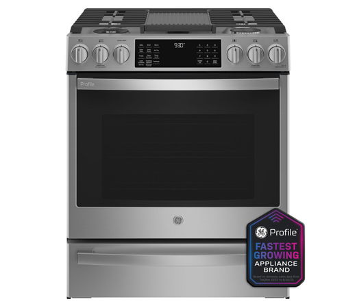 A stainless steel gas range with a digital display and control knobs.