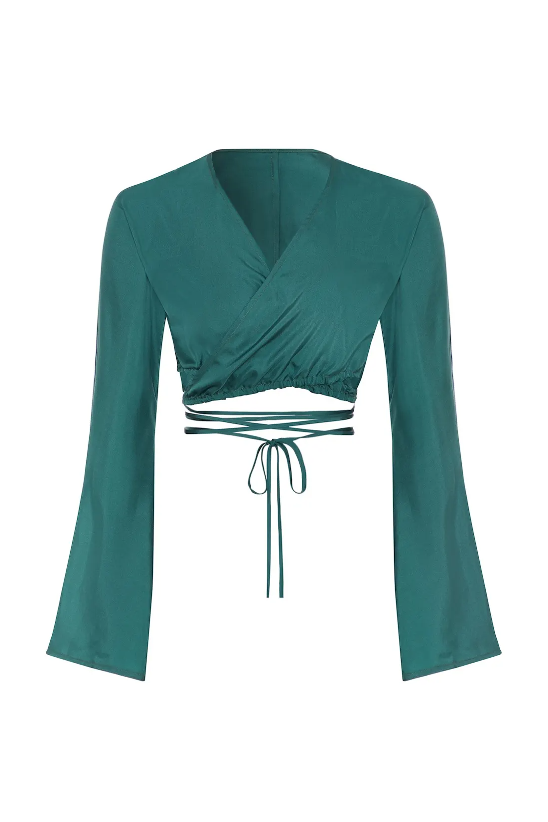 lake blue long sleeved silk twill wrap top 
