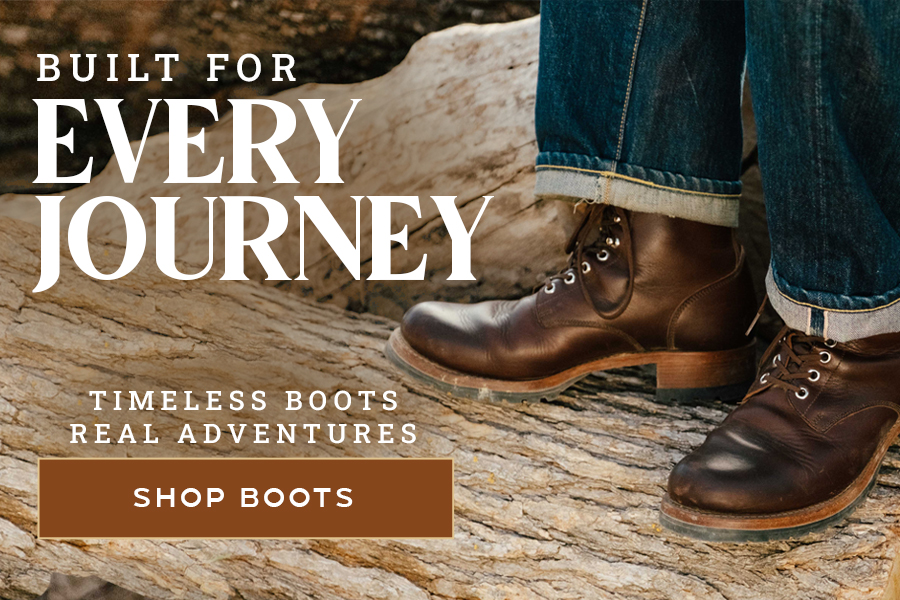Brown boots on a wooden surface with text promoting boot shopping.
