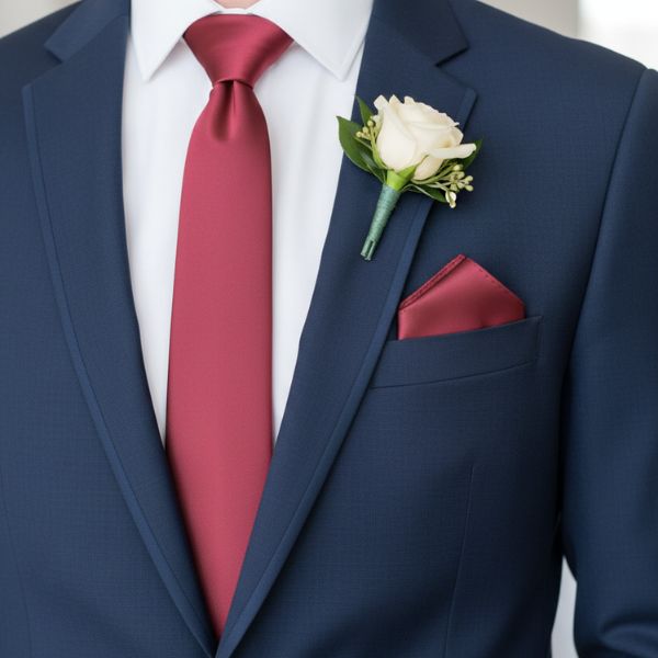 Cinnamon rose tie and pocket square worn with a navy blue suit