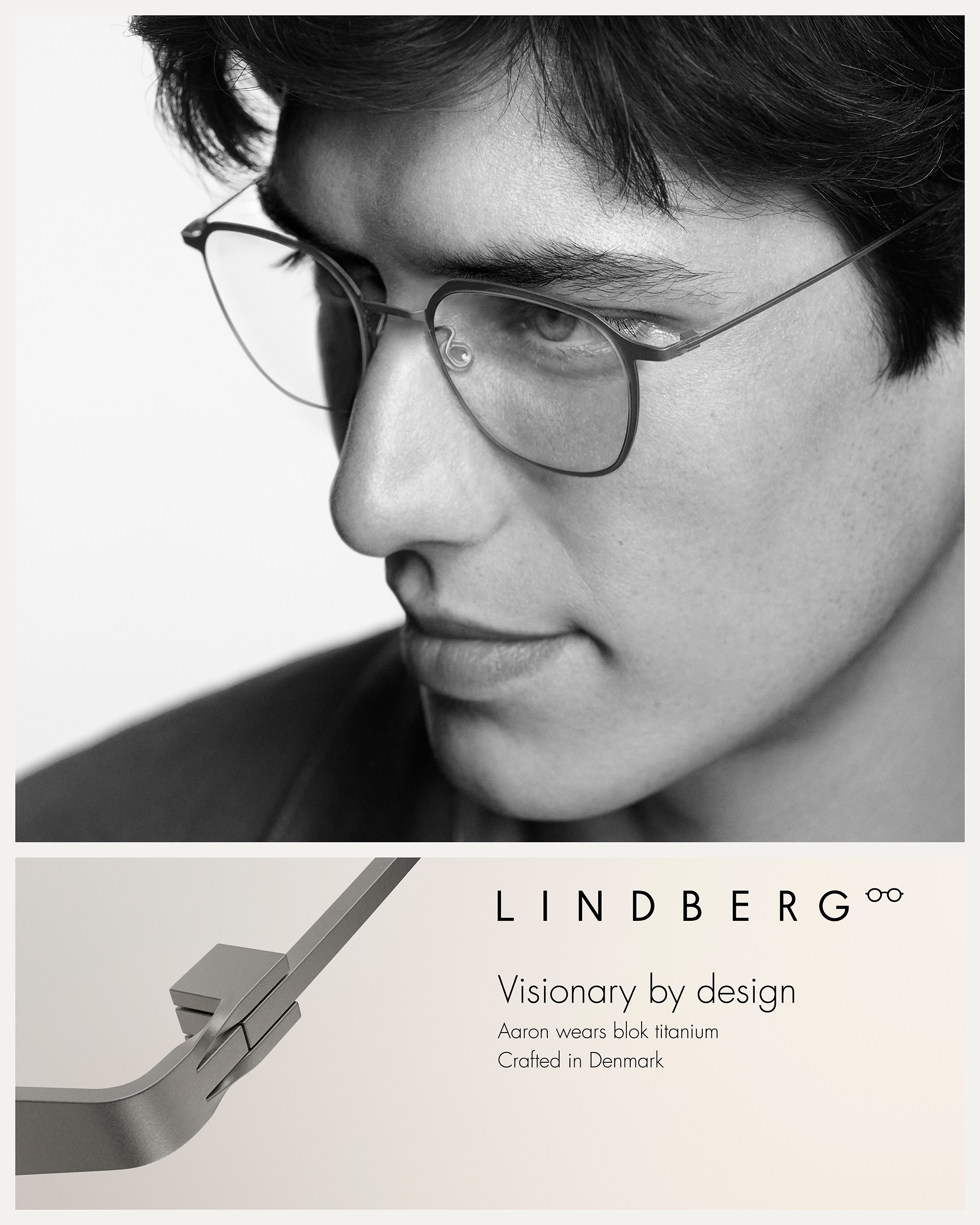 A man with LINDBERG glasses, promoting Lindberg eyewear. Visionary by design.