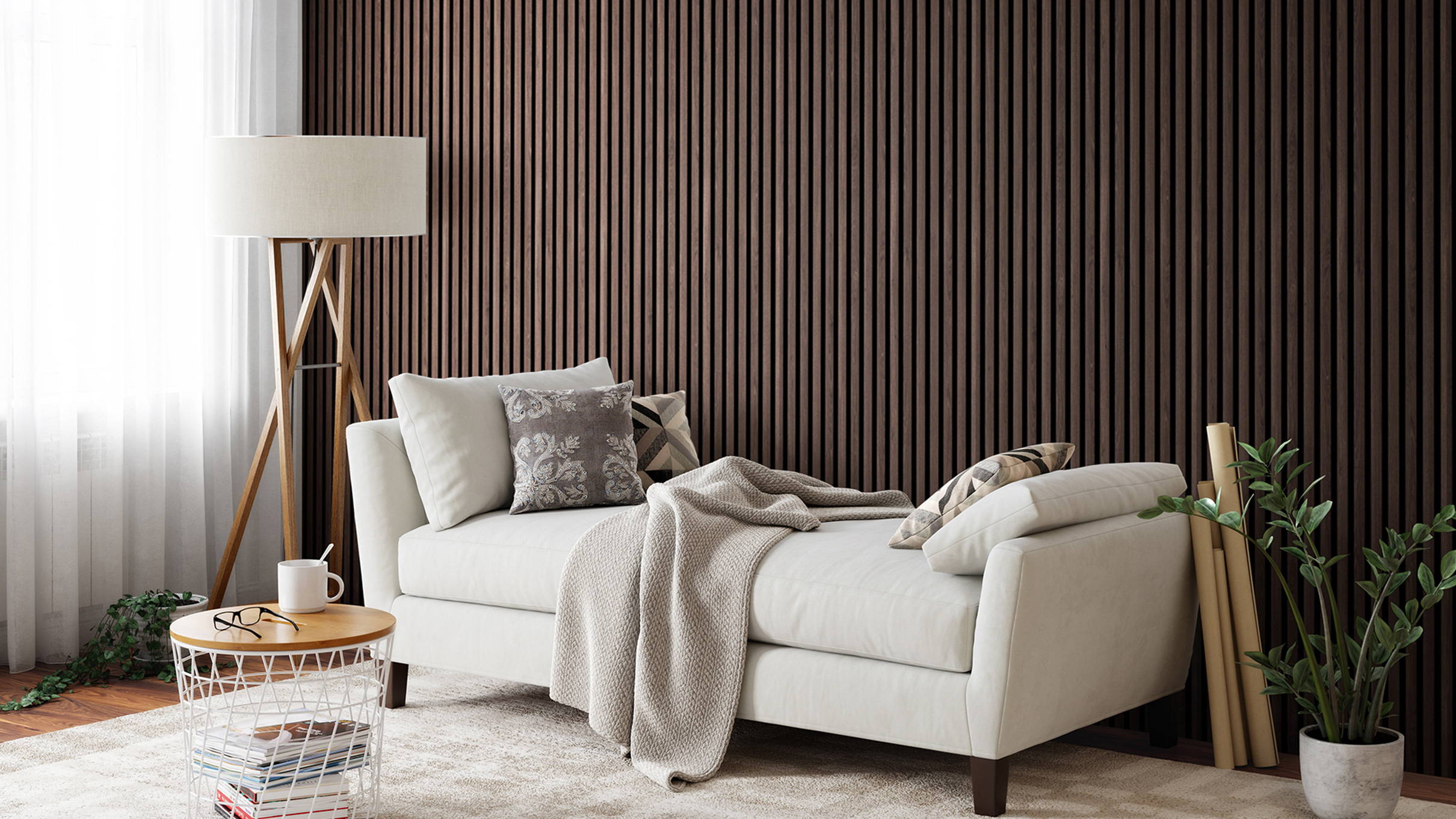 A modern interior featuring acoustic slat wood wall panels. A contemporary interior design solution.
