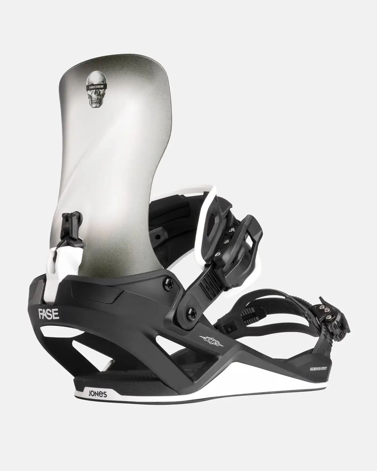 Snowboard binding in black and silver with adjustable straps.