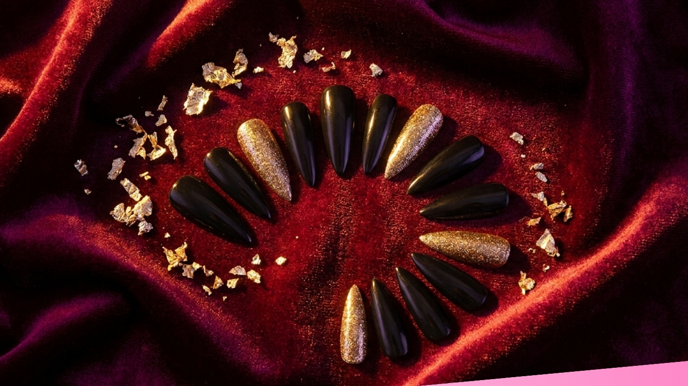 EyeCandys black and gold glitter press-on nails styled for Asmodeus Helluva Boss demon cosplay