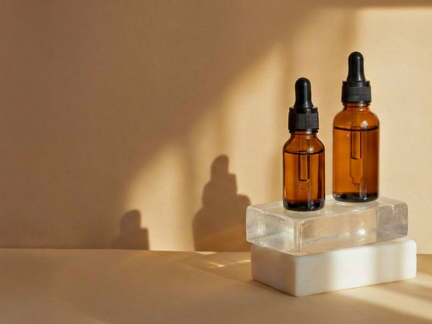 Two amber glass bottles on a white pedestal with soft shadows.
