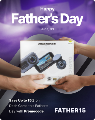 Hands holding a dash cam box with a Father's Day promotion.