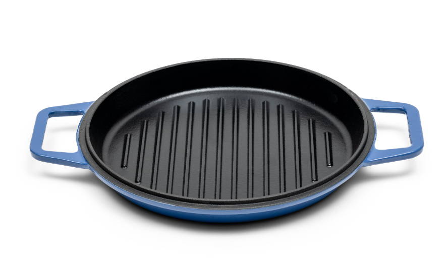 The blue Misen Grill Lid with a black cooking surface, raised grill lines, and side handles on a white background.