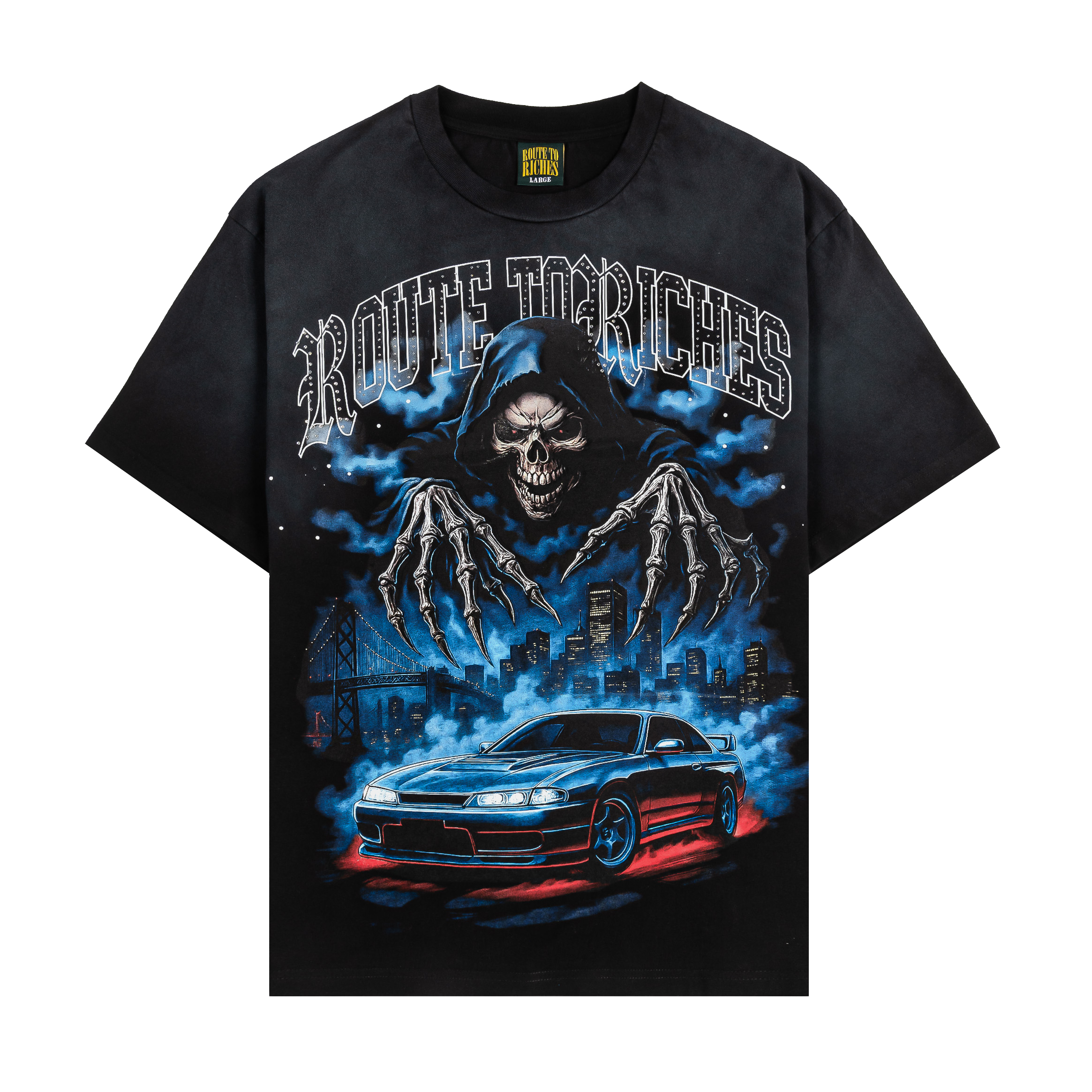 Black graphic t-shirt featuring a grim reaper and a sports car design.