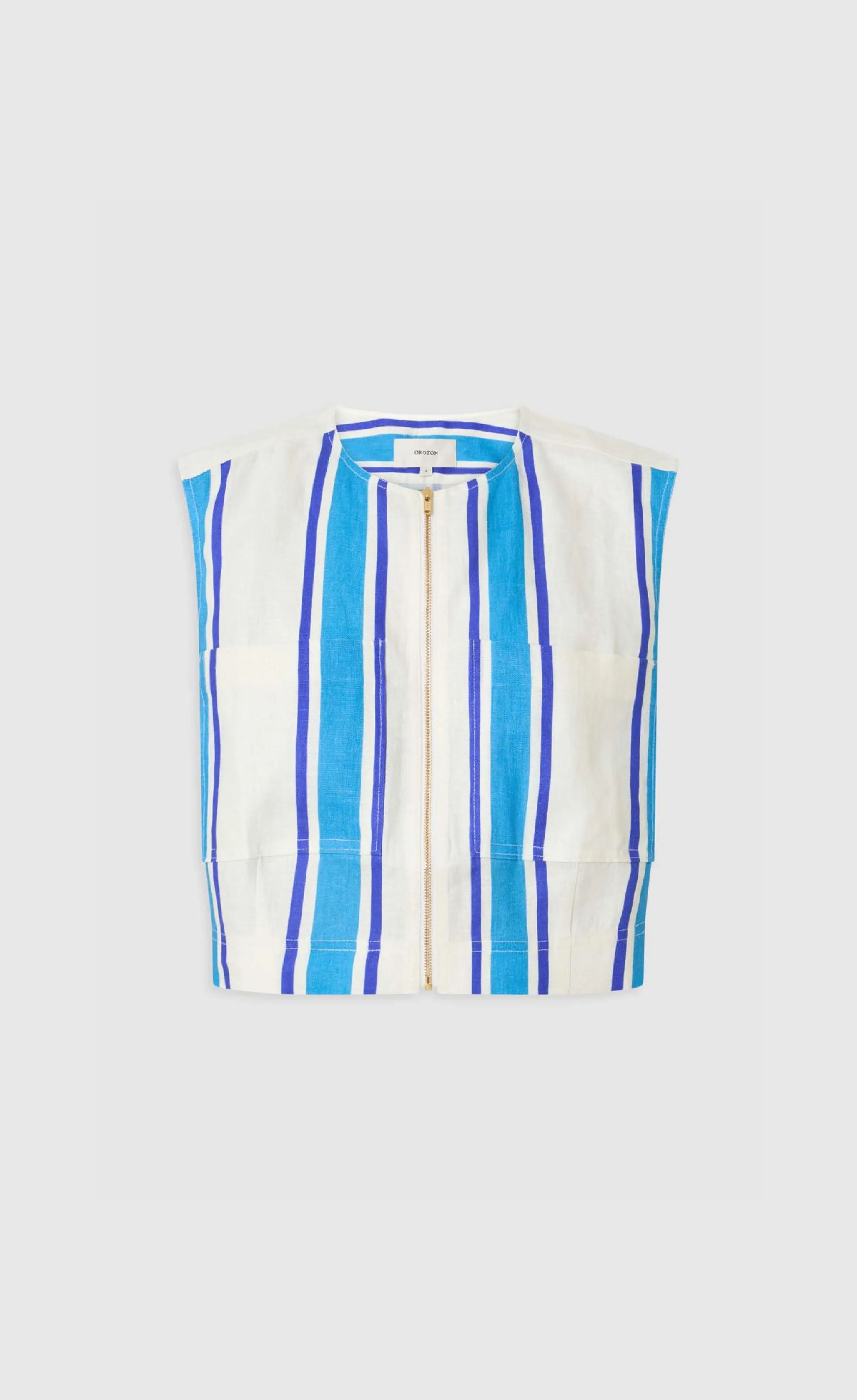 Striped blue and white sleeveless top with a buttoned front.