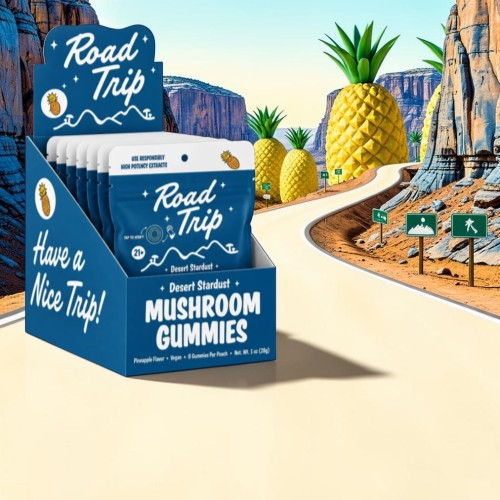 Display of mushroom gummies with a road trip theme and scenic background.