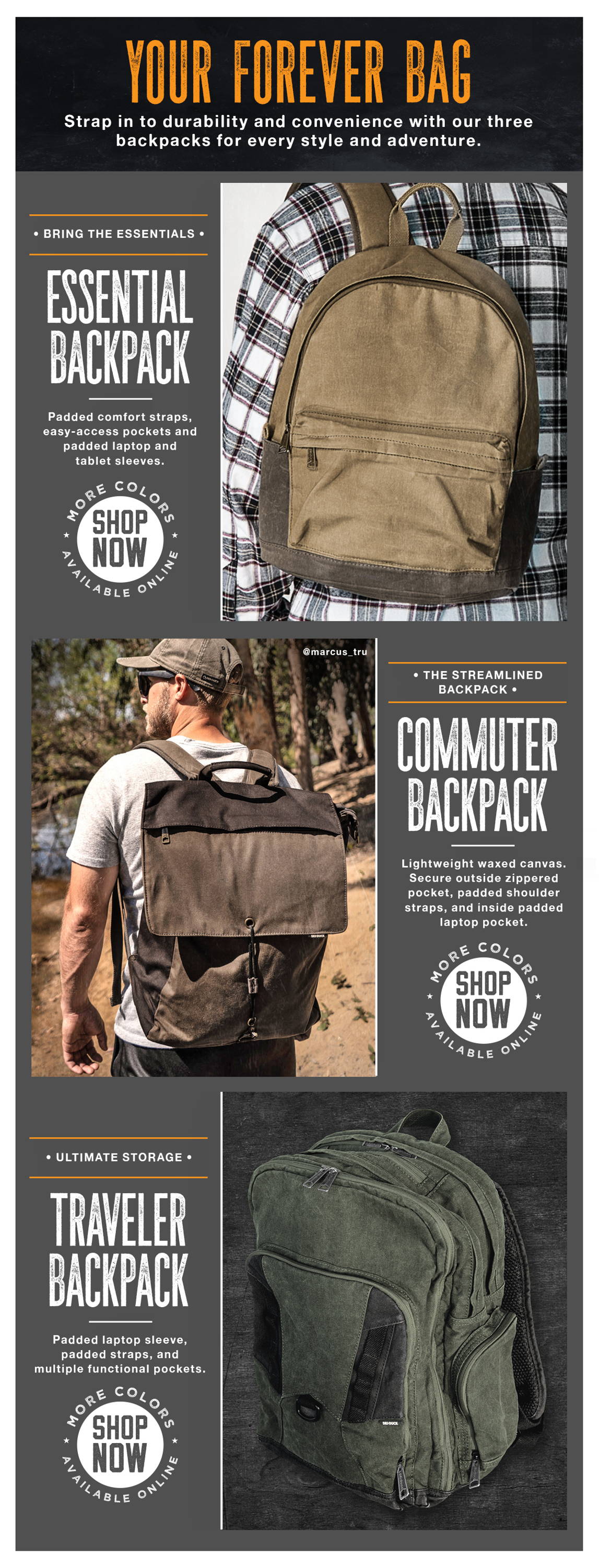 Email featuring canvas backpacks by DRI DUCK