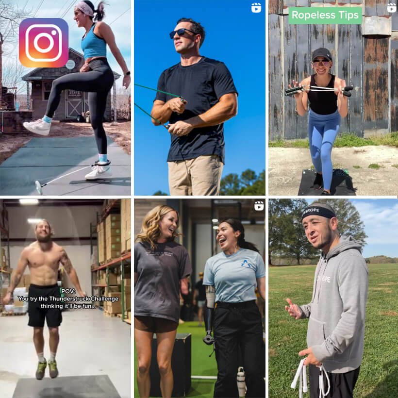 Collage of people jumping rope and promoting fitness activities.