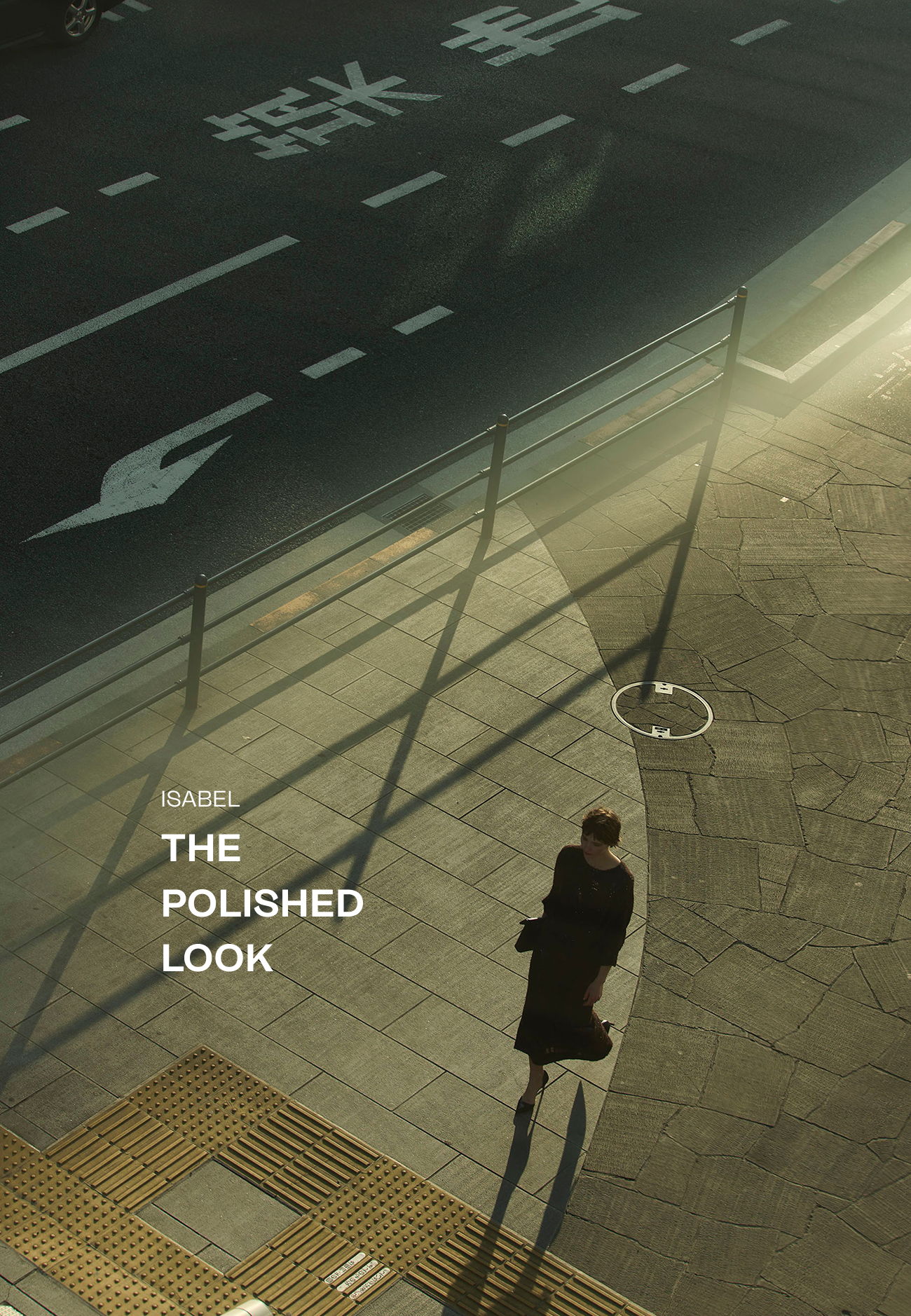 A woman walking on a street with shadows and text overlay.