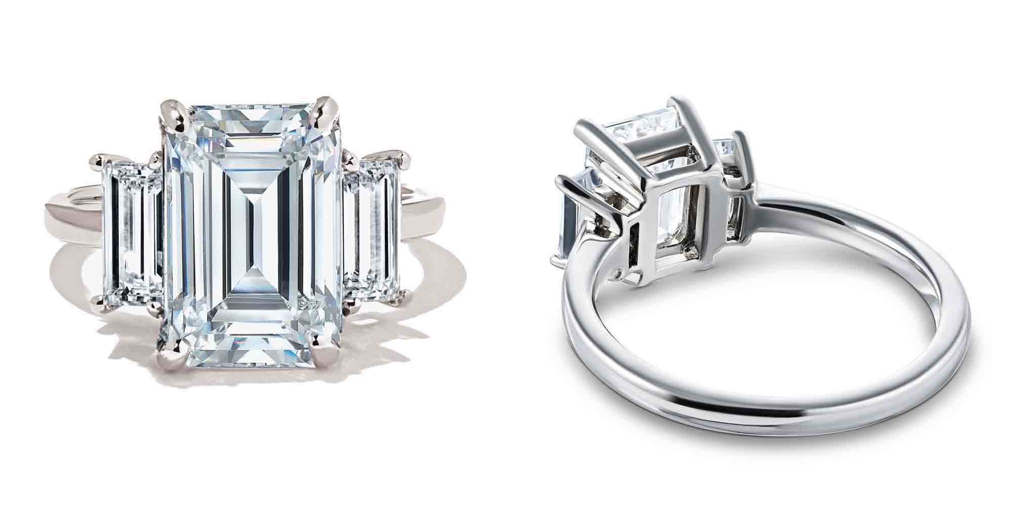front and back view of a three stone ring baguette lab grown diamond side stones