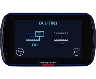 Nextbase dash cam displaying Dual Files settings screen.