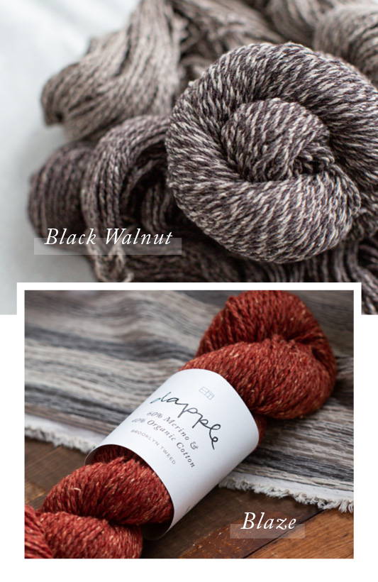 Top: Closeup of a pile of Dapple yarn swirls in color Black Walnut. Bottom: A single skein of Dapple in color Blaze with it’s label lying on a wooden box with gray striped fabric.
