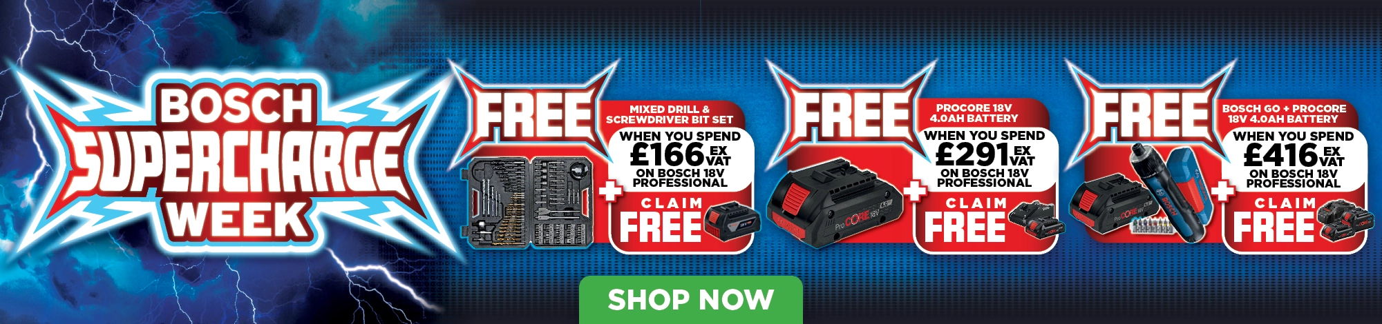 Bosch Supercharge Week promotional banner with free offers.