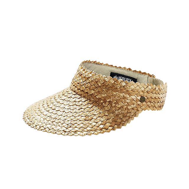 Woven straw visor hat with a curved brim and adjustable band.