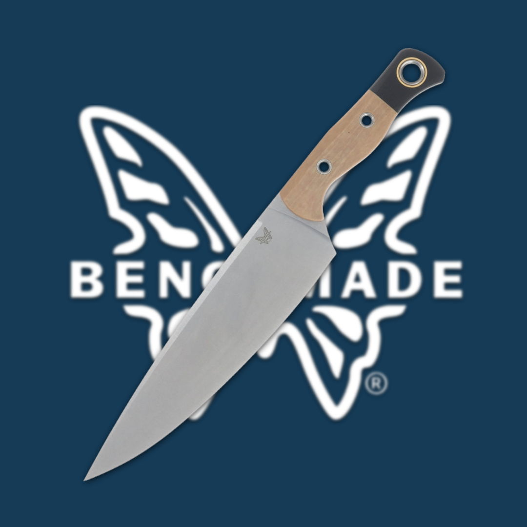 Benchmade knife with a wooden handle against a blue background.
