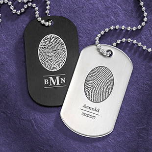 Black Aluminum Ultralight Dog Tag and Stainless Steel Military Dog Tag engraved with a fingerprint