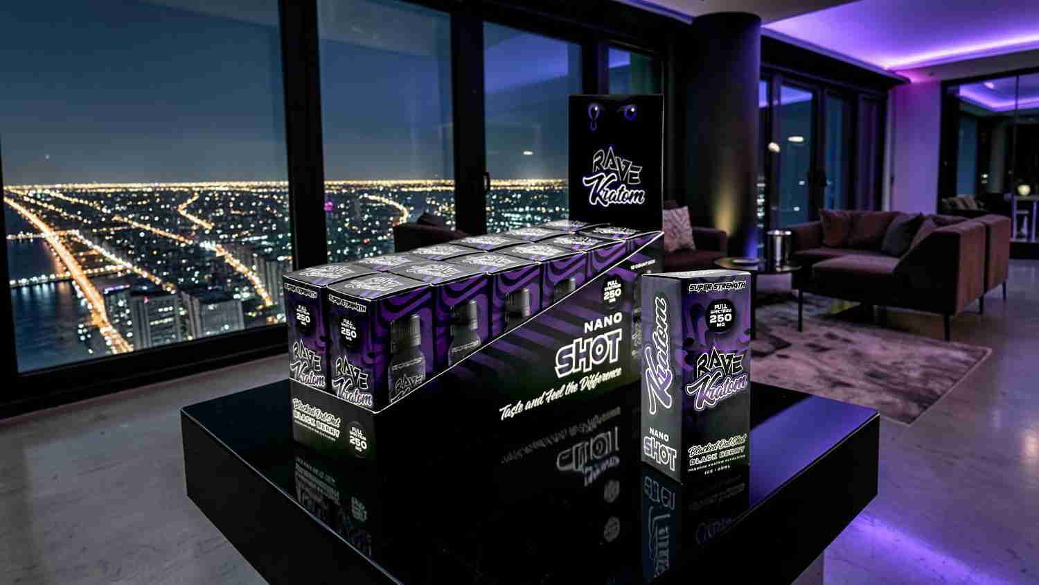 A stylish interior view with city lights at night and product displays.